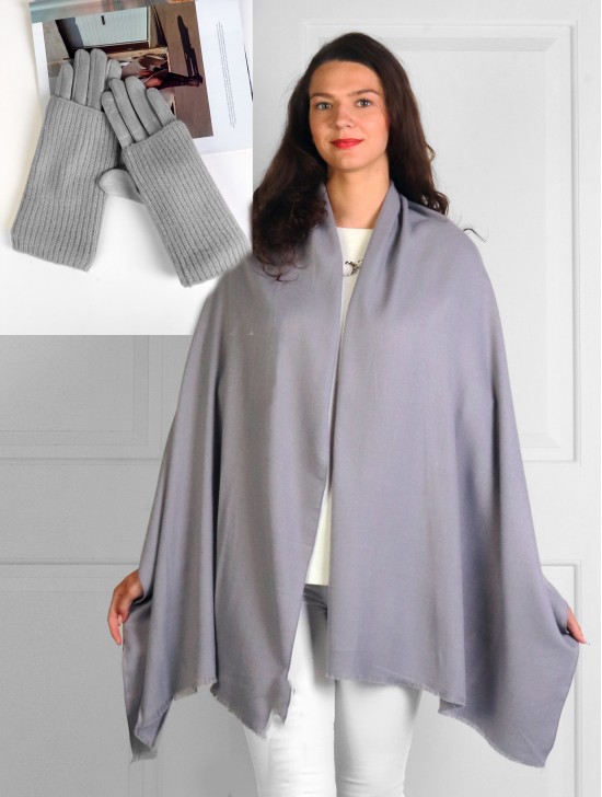 Knitted Double Layer Touch Screen Glove + Premium Cashmere Feeling Solid Color Scarf Set (GL121707LGY+ SF203908LGRY)